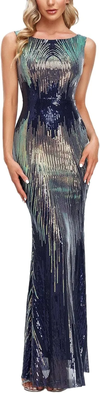 Women's Round Neck Sleeveless Shinning Sequins Elegant Mermaid Evening Dress
