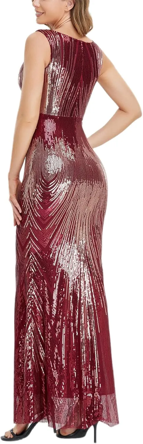 Women's Round Neck Sleeveless Shinning Sequins Elegant Mermaid Evening Dress