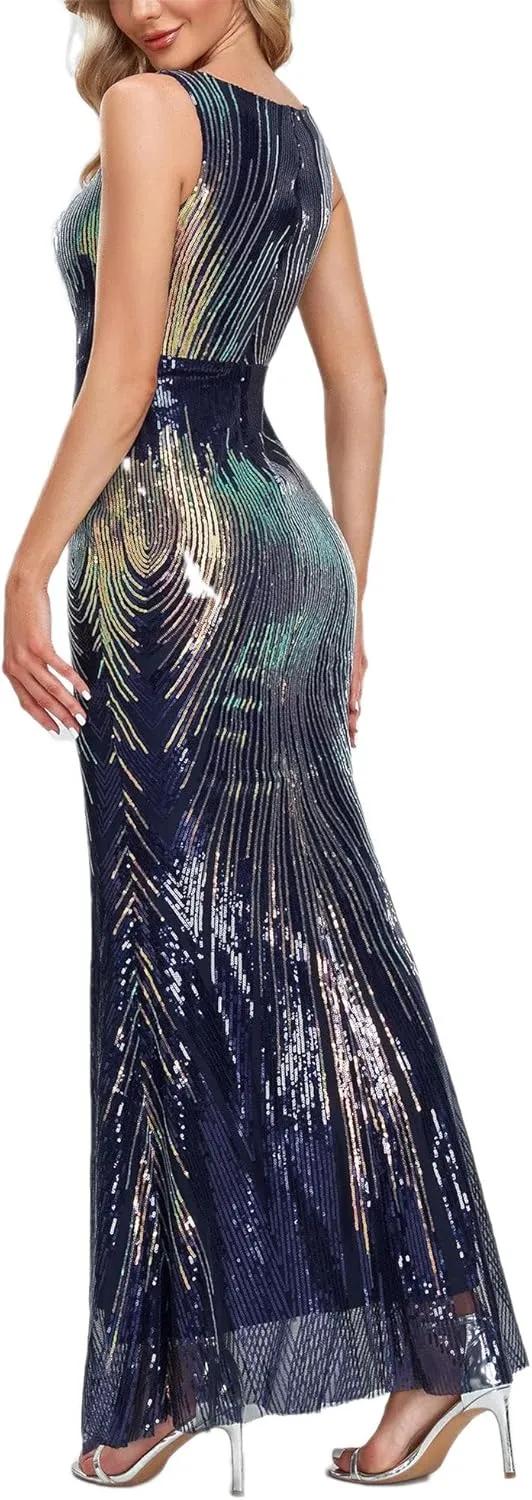 Women's Round Neck Sleeveless Shinning Sequins Elegant Mermaid Evening Dress