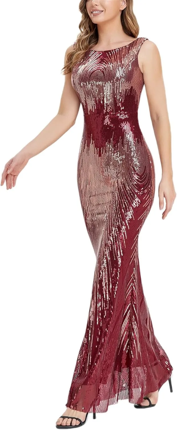 Women's Round Neck Sleeveless Shinning Sequins Elegant Mermaid Evening Dress