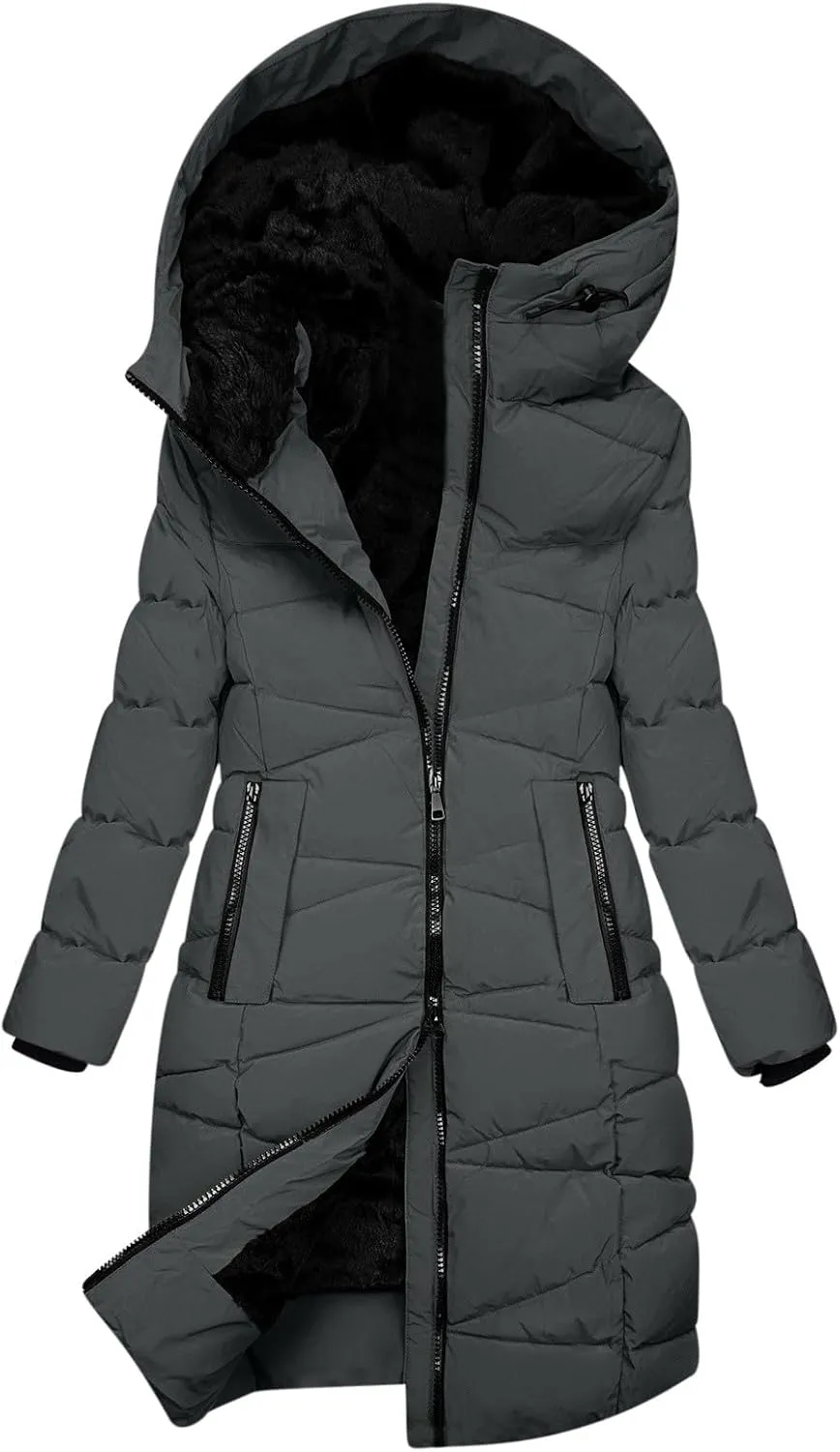 Womens Winter Long Coats Trendy Warm Puffer Jacket Sherpa Fleece Lined Down Coat Thicken Hooded Parka Padded Coats