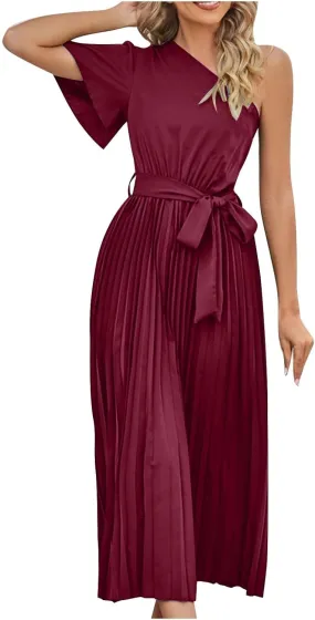 Women's Wrap Midi Dress Summer Causal Tie Waist Flowy A-Line Pleated Dress Elegant Evening Dress Cocktail Party Dress