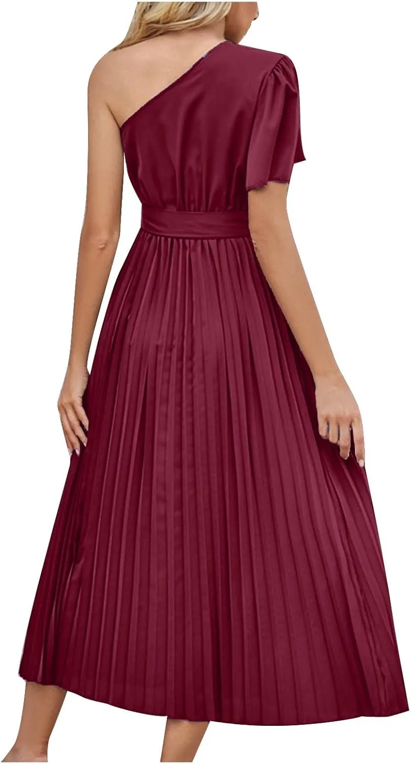 Women's Wrap Midi Dress Summer Causal Tie Waist Flowy A-Line Pleated Dress Elegant Evening Dress Cocktail Party Dress