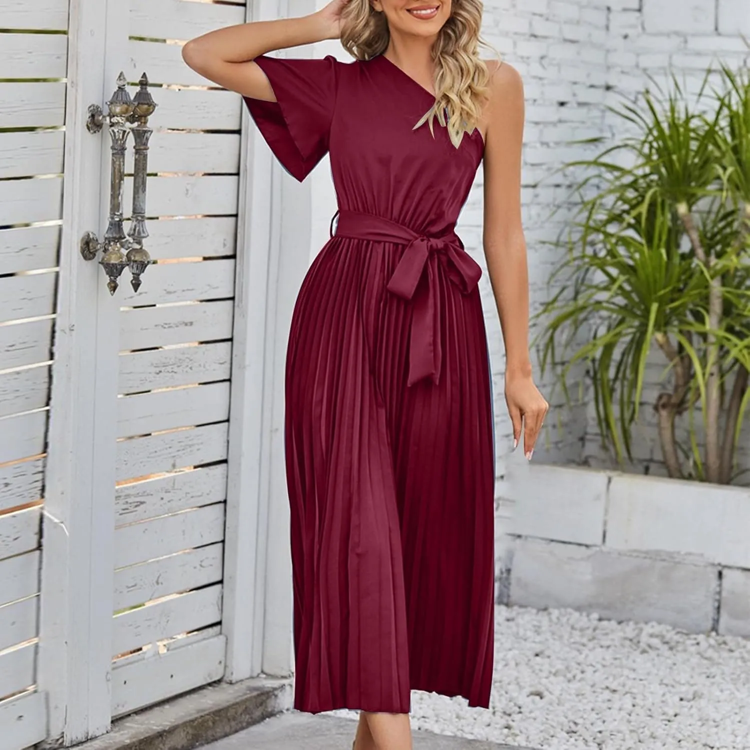 Women's Wrap Midi Dress Summer Causal Tie Waist Flowy A-Line Pleated Dress Elegant Evening Dress Cocktail Party Dress