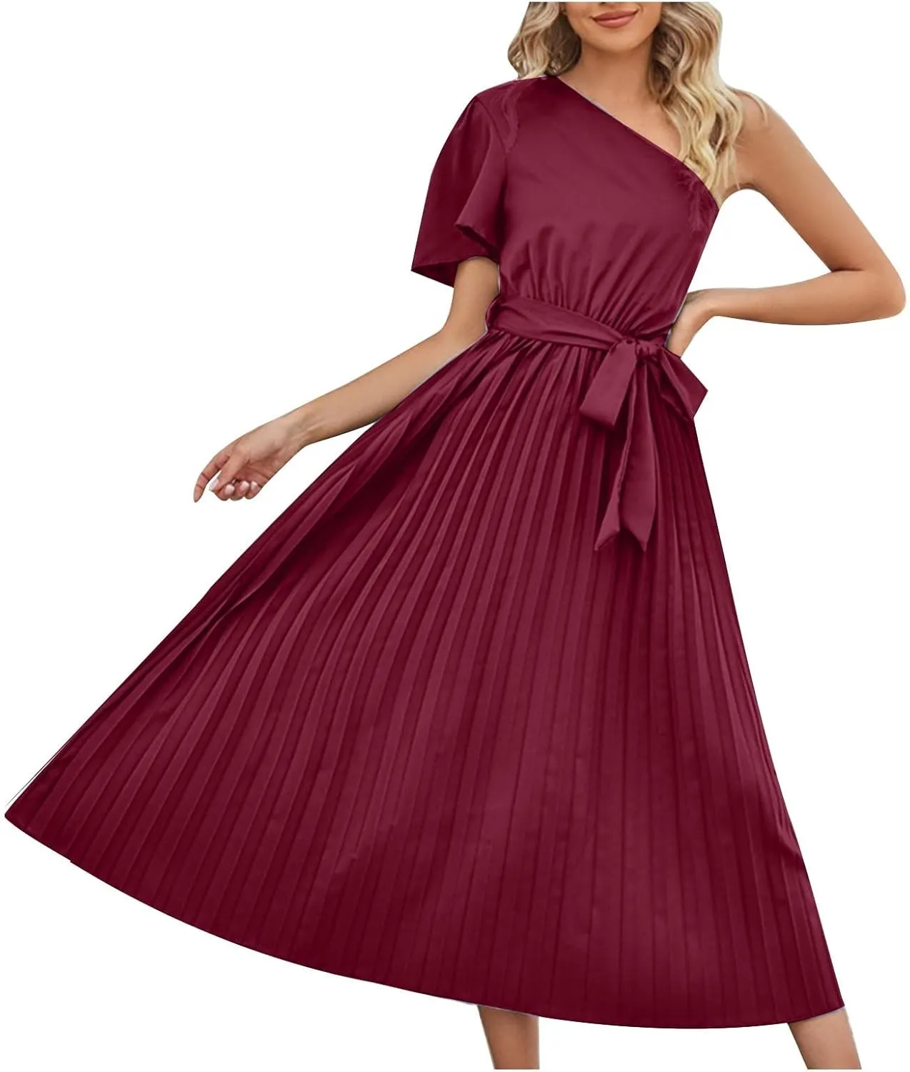 Women's Wrap Midi Dress Summer Causal Tie Waist Flowy A-Line Pleated Dress Elegant Evening Dress Cocktail Party Dress