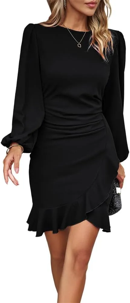 YGJKLIS Women's Round Neck Puff Long Sleeve Midi Dress Elegant Pleated Solid Wrap Dress Wedding Cocktail Party Dress